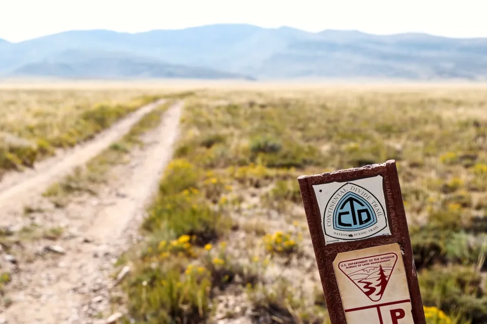 Close-up on BLM sign on Continental Divide Trail in Rawlins, Wyoming.